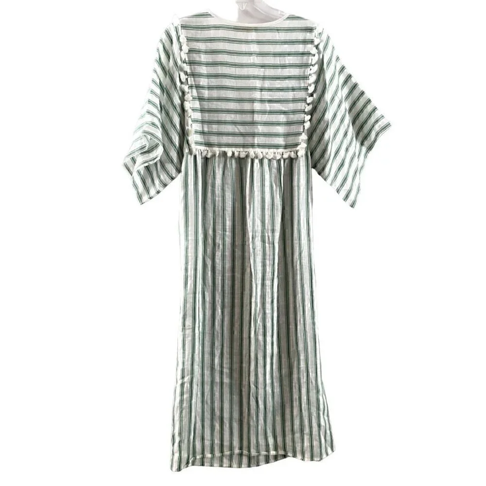 Tory Burch Striped Linen Caftan Size Small Midi Green White Tassels Swim coverup